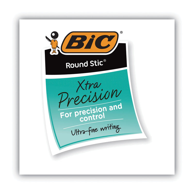 BIC Round Stic Xtra Precision Ballpoint Pen, Stick, Fine 0.8 mm, Black Ink, Smoke Barrel, Dozen