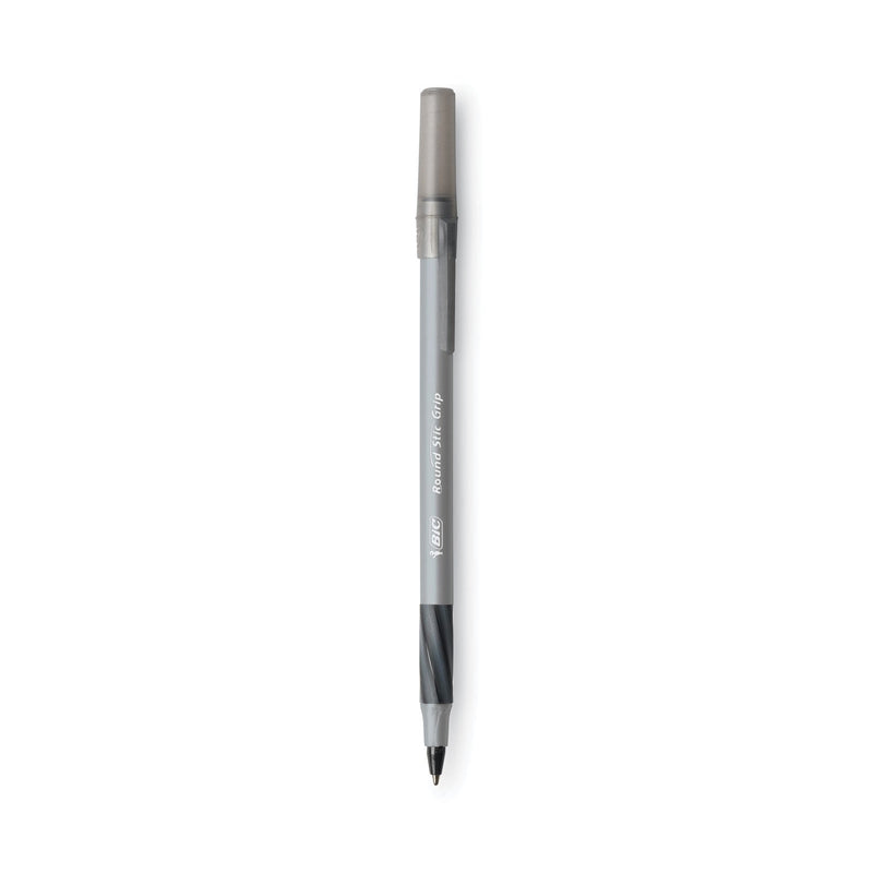 BIC Round Stic Grip Xtra Comfort Ballpoint Pen, Stick, Fine 0.8 mm, Black Ink, Gray/Black Barrel, Dozen