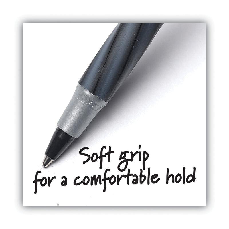 BIC Round Stic Grip Xtra Comfort Ballpoint Pen, Stick, Fine 0.8 mm, Black Ink, Gray/Black Barrel, Dozen