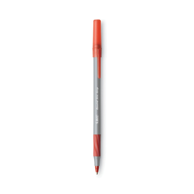 BIC Round Stic Grip Xtra Comfort Ballpoint Pen, Stick, Fine 0.8 mm, Red Ink, Gray/Red Barrel, Dozen