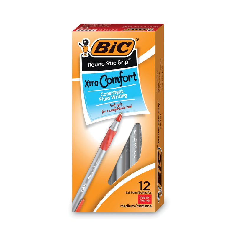 BIC Round Stic Grip Xtra Comfort Ballpoint Pen, Stick, Fine 0.8 mm, Red Ink, Gray/Red Barrel, Dozen