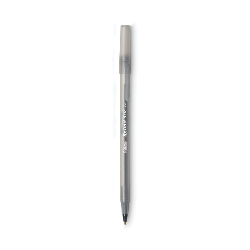 BIC Round Stic Xtra Life Ballpoint Pen, Stick, Medium 1 mm, Black Ink, Smoke Barrel, Dozen