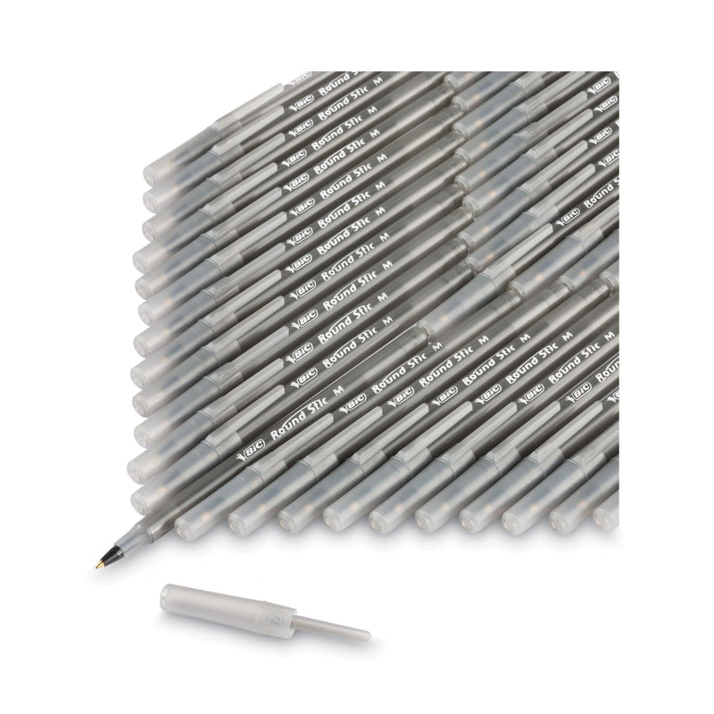 BIC Round Stic Xtra Life Ballpoint Pen, Stick, Medium 1 mm, Black Ink, Smoke Barrel, Dozen