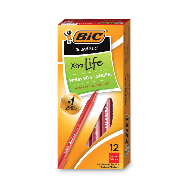 BIC Round Stic Xtra Life Ballpoint Pen, Stick, Medium 1 mm, Red Ink, Translucent Red Barrel, Dozen