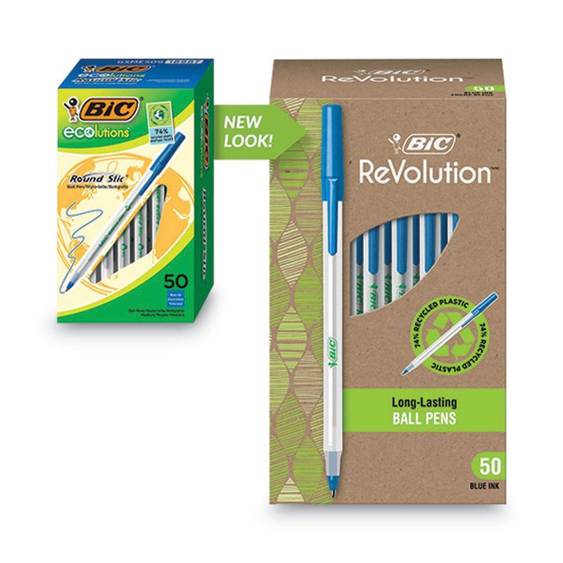 BIC Ecolutions Round Stic Ballpoint Pen Value Pack, Stick, Medium 1 mm, Blue Ink, Clear Barrel, 50/Pack