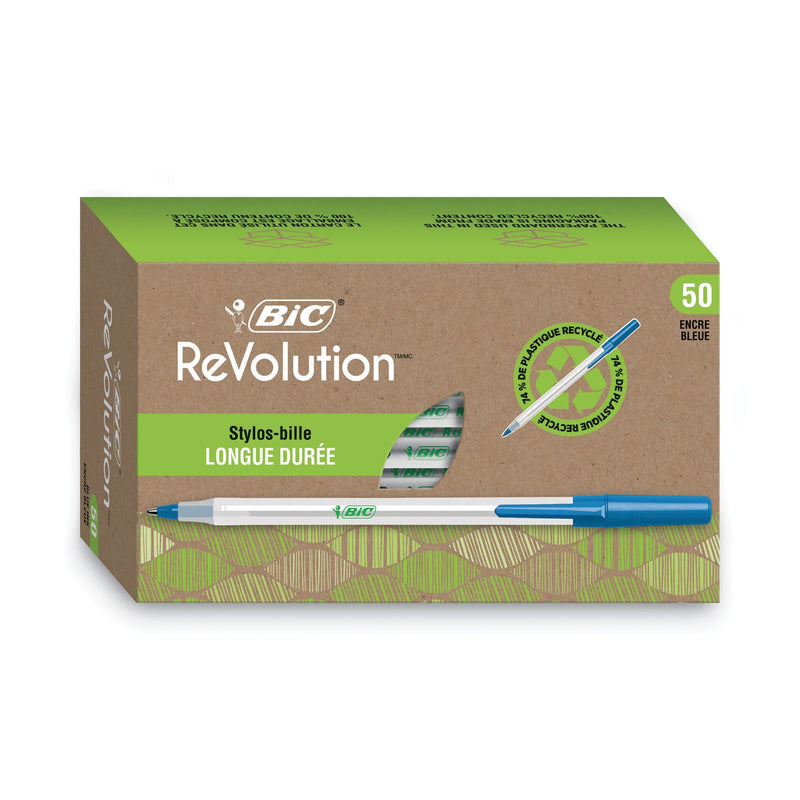 BIC Ecolutions Round Stic Ballpoint Pen Value Pack, Stick, Medium 1 mm, Blue Ink, Clear Barrel, 50/Pack