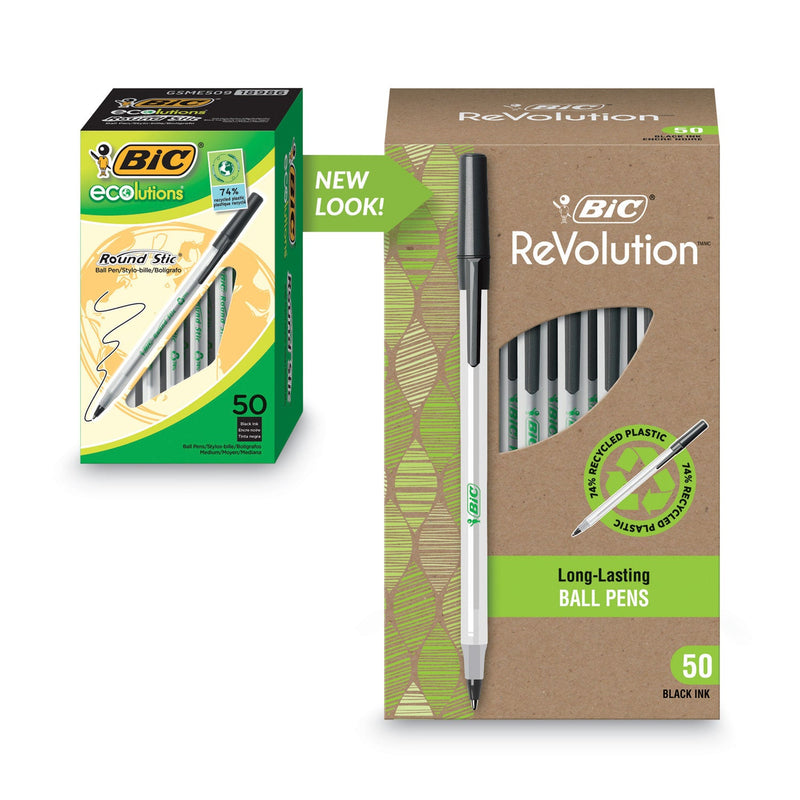 BIC Ecolutions Round Stic Ballpoint Pen Value Pack, Stick, Medium 1 mm, Black Ink, Clear Barrel, 50/Pack