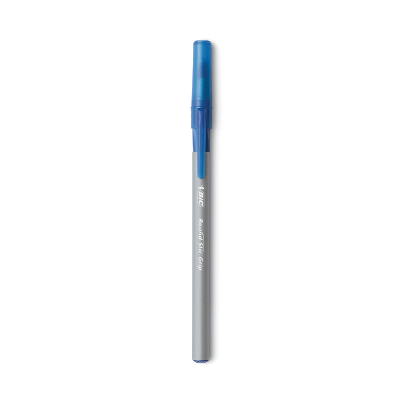 BIC Round Stic Grip Xtra Comfort Ballpoint Pen, Easy-Glide, Stick, Medium 1.2 mm, Blue Ink, Gray/Blue Barrel, Dozen