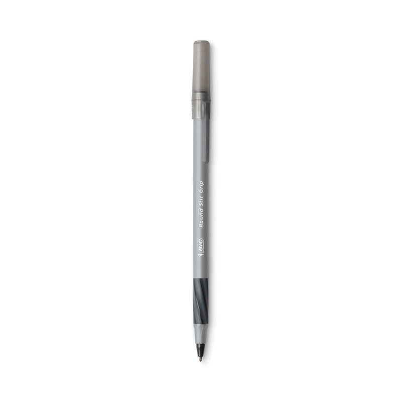 BIC Round Stic Grip Xtra Comfort Ballpoint Pen, Easy-Glide, Stick, Medium 1.2 mm, Black Ink, Gray/Black Barrel, Dozen