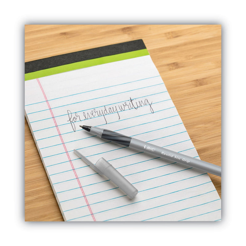 BIC Round Stic Grip Xtra Comfort Ballpoint Pen, Easy-Glide, Stick, Medium 1.2 mm, Black Ink, Gray/Black Barrel, Dozen
