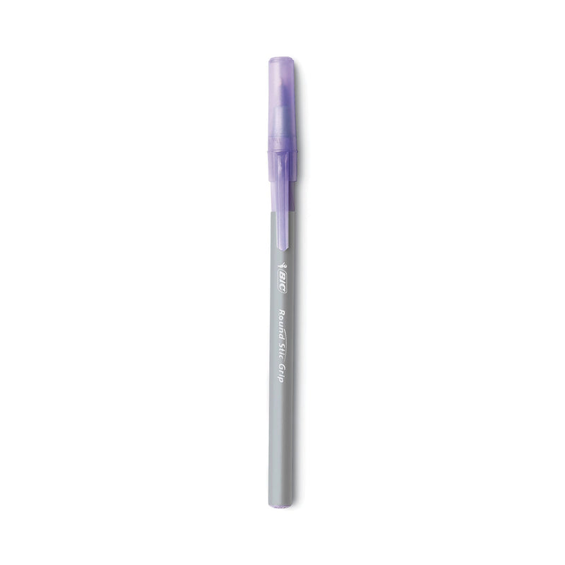 BIC Round Stic Grip Xtra Comfort Ballpoint Pen, Easy-Glide, Stick, Medium 1.2 mm, Purple Ink, Gray/Purple Barrel, Dozen