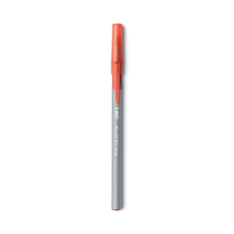 BIC Round Stic Grip Xtra Comfort Ballpoint Pen, Easy-Glide, Stick, Medium 1.2 mm, Red Ink, Gray/Red Barrel, Dozen