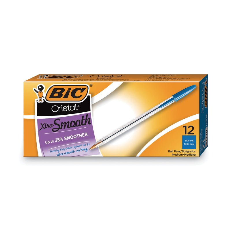 BIC Cristal Xtra Smooth Ballpoint Pen, Stick, Medium 1 mm, Blue Ink, Clear Barrel, Dozen