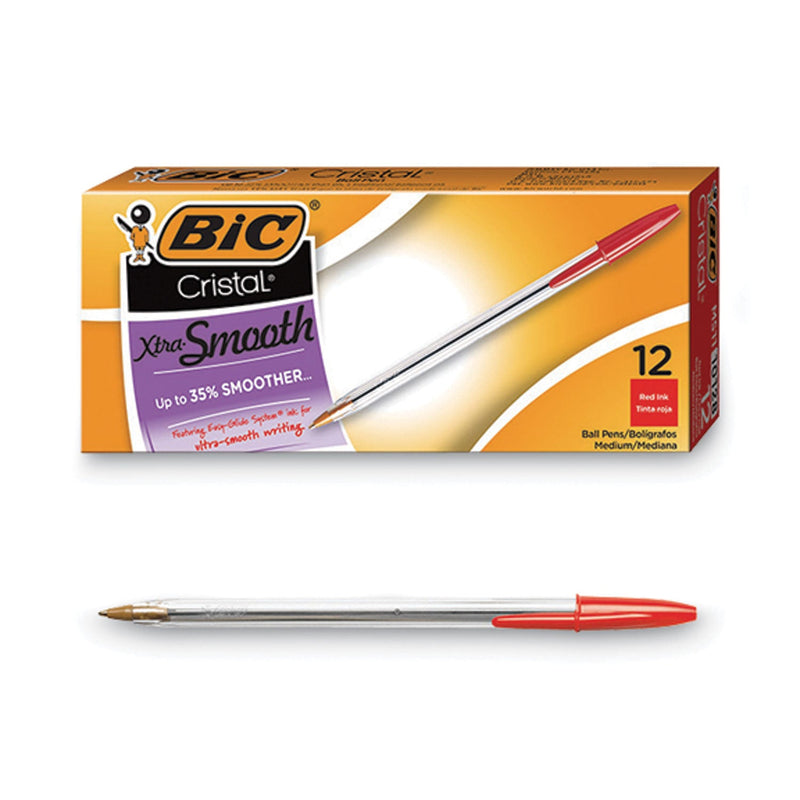 BIC Cristal Xtra Smooth Ballpoint Pen, Stick, Medium 1 mm, Red Ink, Clear Barrel, Dozen