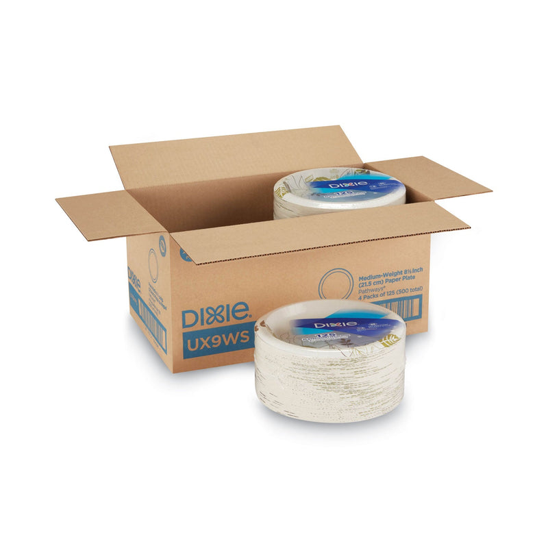 Dixie Pathways Soak-Proof Shield Mediumweight Paper Plates, WiseSize, 8.5" dia, Green/Burgundy, 125/Pack, 4 Packs/Carton