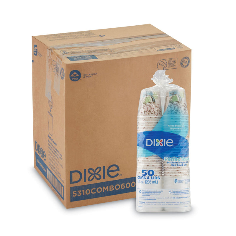 Dixie PerfecTouch Paper Hot Cups and Lids Combo, 10 oz, Multicolor, 50 Cups/Lids/Pack, 6 Packs/Carton