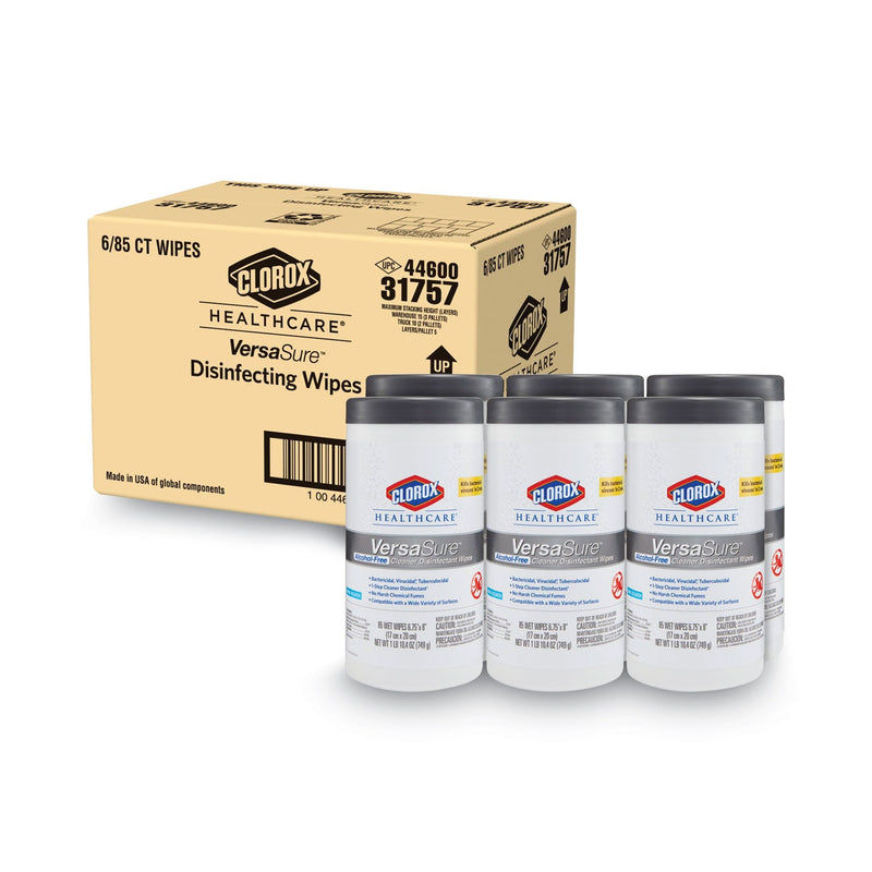 Clorox VersaSure Cleaner Disinfectant Wipes, 1-Ply, 6.75 x 8, White, 85/Canister, 6 Canisters/Carton
