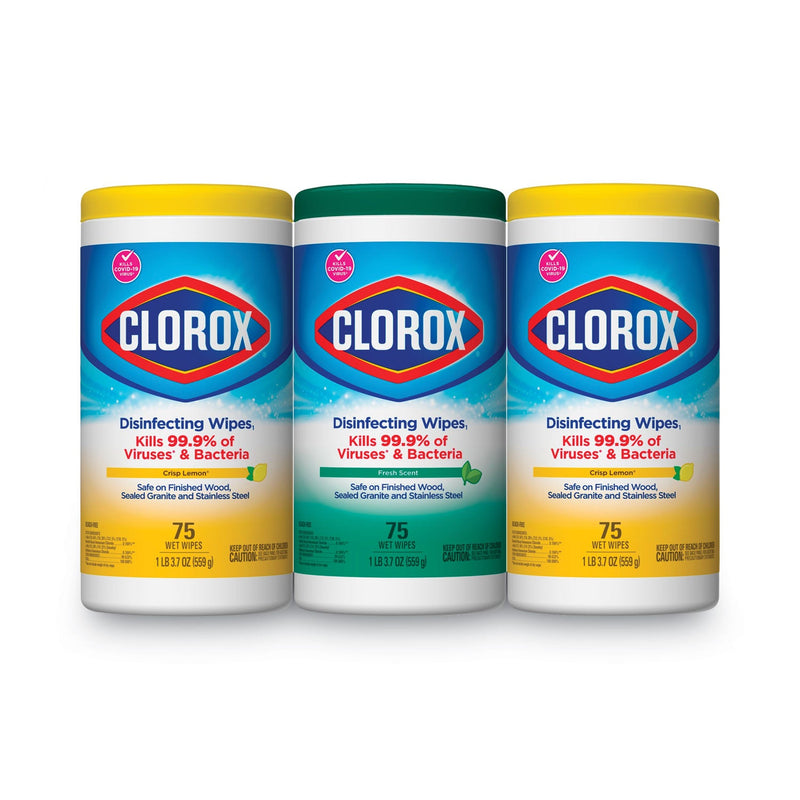 Clorox Disinfecting Wipes, 7 x 8, Fresh Scent/Citrus Blend, 75/Canister, 3/Pack