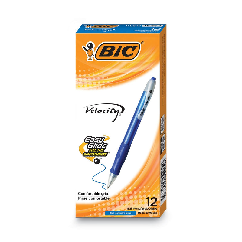BIC Velocity Easy Glide Ballpoint Pen, Retractable, Medium 1 mm, Blue Ink, Translucent Blue Barrel, Dozen