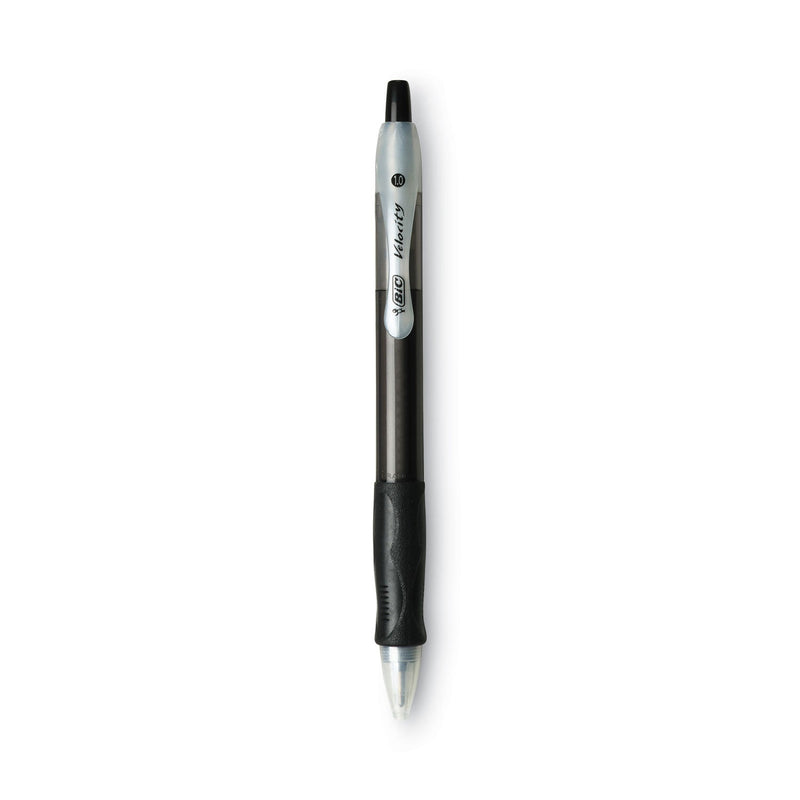 BIC Velocity Easy Glide Ballpoint Pen, Retractable, Medium 1 mm, Black Ink, Translucent Black Barrel, Dozen
