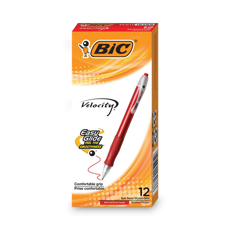 BIC Velocity Easy Glide Ballpoint Pen, Retractable, Medium 1 mm, Red Ink, Translucent Red Barrel, Dozen