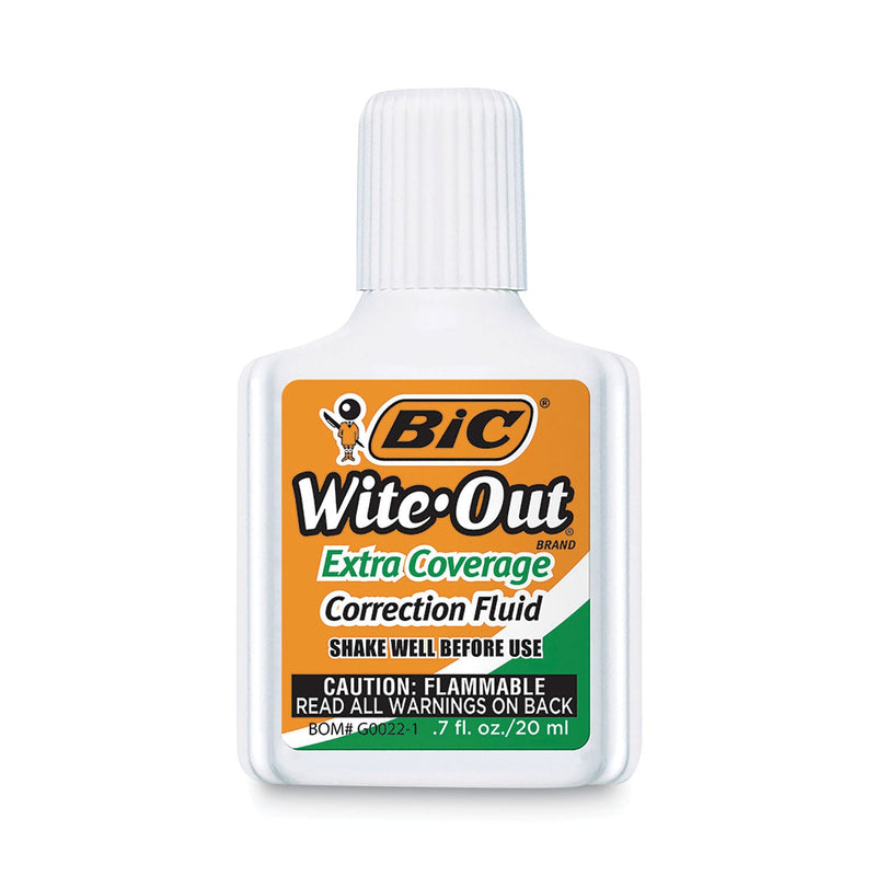 BIC Wite-Out Extra Coverage Correction Fluid, 20 mL Bottle, White, Dozen