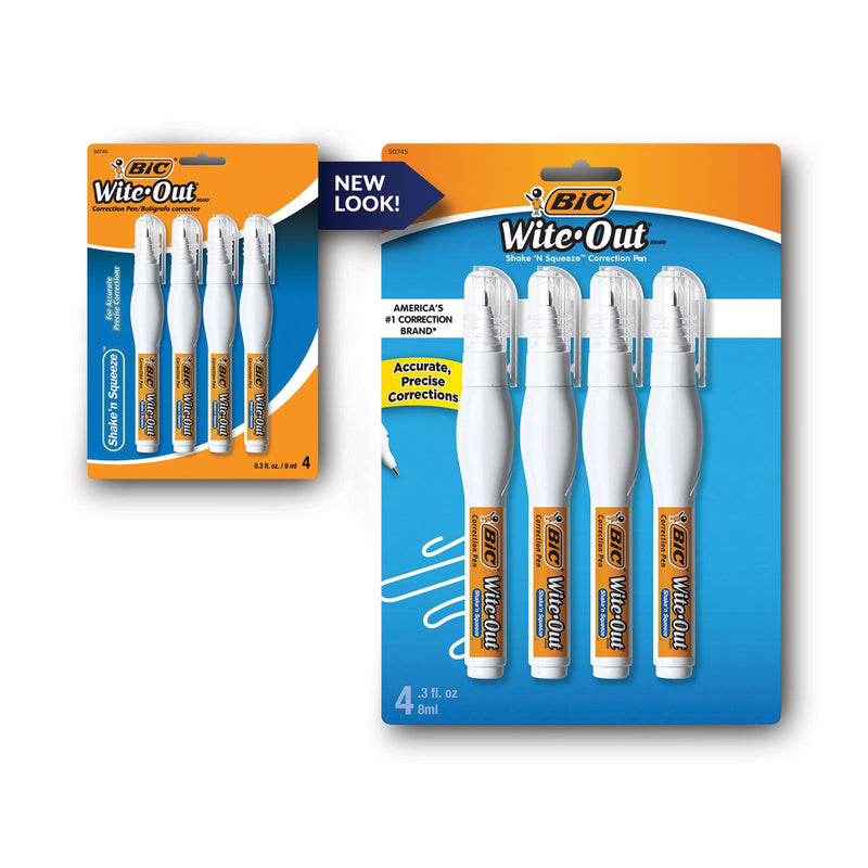 BIC Wite-Out Shake 'n Squeeze Correction Pen, 8 mL, White, 4/Pack
