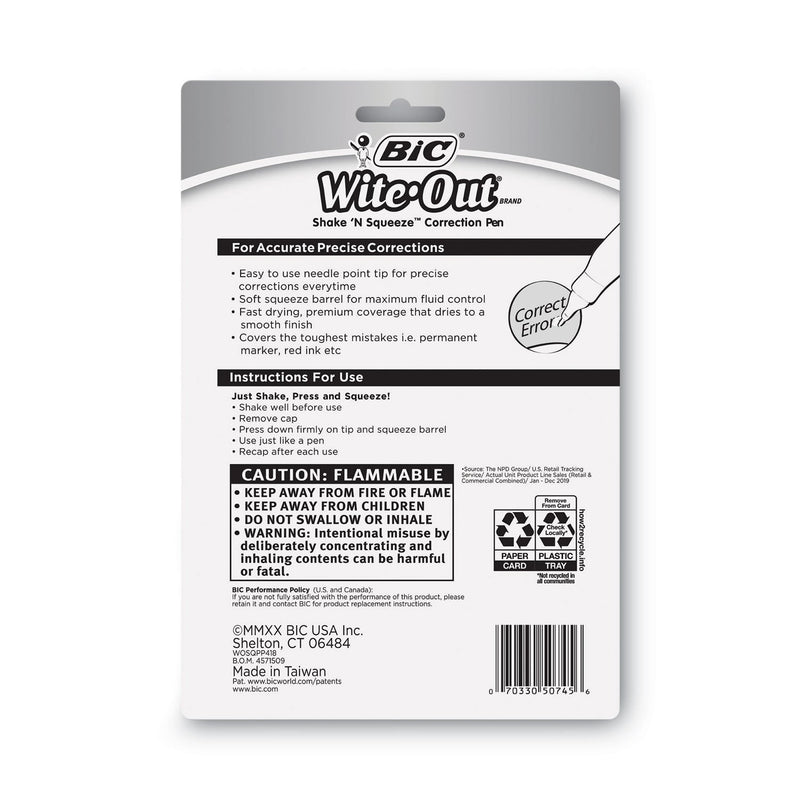 BIC Wite-Out Shake 'n Squeeze Correction Pen, 8 mL, White, 4/Pack