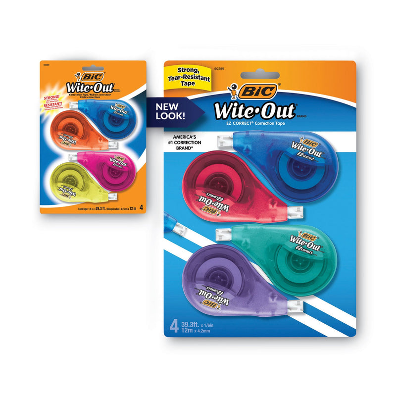 BIC Wite-Out EZ Correct Correction Tape, Non-Refillable, Blue/Yellow Applicators, 0.17" x 400", 4/Pack