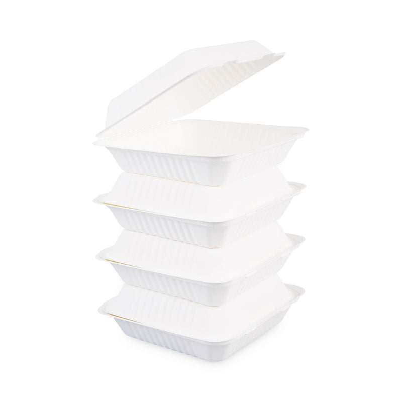Boardwalk Bagasse Food Containers, Hinged-Lid, 1-Compartment 9 x 9 x 3.19, White,  Sugarcane, 100/Sleeve, 2 Sleeves/Carton