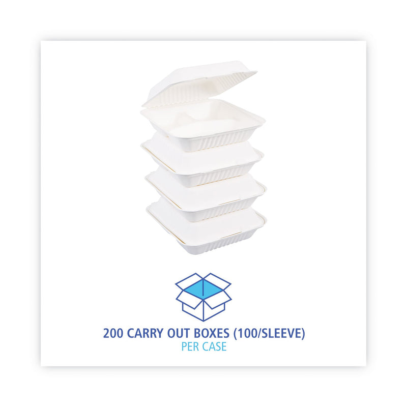 Boardwalk Bagasse Food Containers, Hinged-Lid, 3-Compartment 9 x 9 x 3.19, White, Sugarcane, 100/Sleeve, 2 Sleeves/Carton