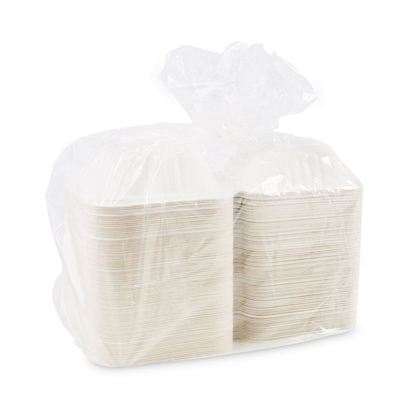 Boardwalk Bagasse Food Containers, Hinged-Lid, 1-Compartment 6 x 6 x 3.19, White, Sugarcane, 125/Sleeve, 4 Sleeves/Carton