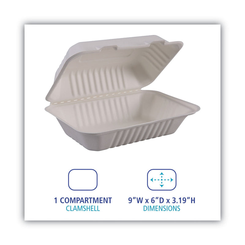 Boardwalk Bagasse Food Containers, Hinged-Lid, 1-Compartment 9 x 6 x 3.19, White, Sugarcane, 125/Sleeve, 2 Sleeves/Carton
