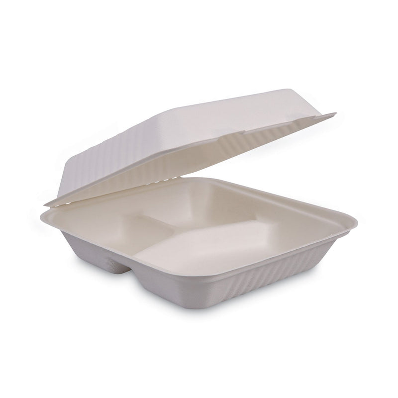 Boardwalk Bagasse Food Containers, Hinged-Lid, 3-Compartment 9 x 9 x 3.19, White, Sugarcane, 100/Sleeve, 2 Sleeves/Carton