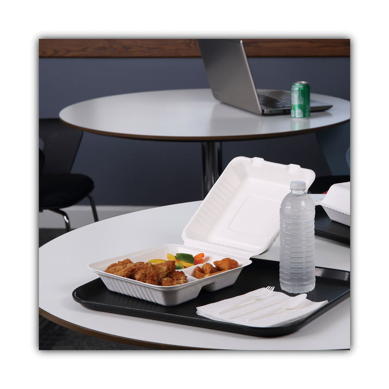 Boardwalk Bagasse Food Containers, Hinged-Lid, 3-Compartment 9 x 9 x 3.19, White, Sugarcane, 100/Sleeve, 2 Sleeves/Carton