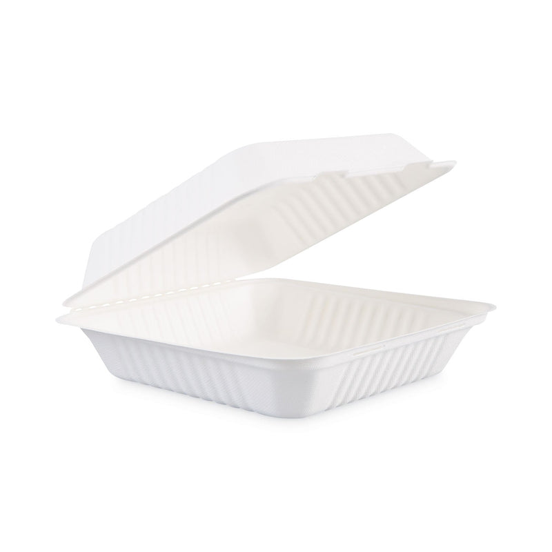 Boardwalk Bagasse Food Containers, Hinged-Lid, 1-Compartment 9 x 9 x 3.19, White,  Sugarcane, 100/Sleeve, 2 Sleeves/Carton