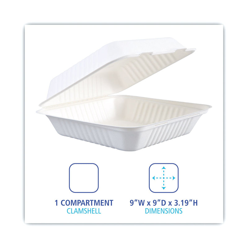 Boardwalk Bagasse Food Containers, Hinged-Lid, 1-Compartment 9 x 9 x 3.19, White,  Sugarcane, 100/Sleeve, 2 Sleeves/Carton