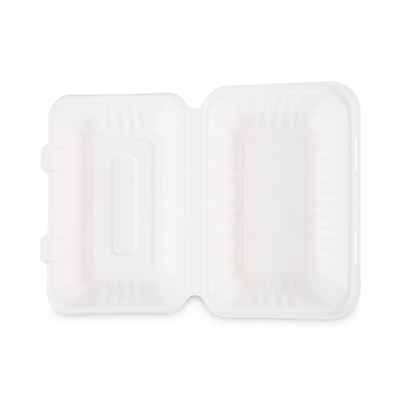 Boardwalk Bagasse Food Containers, Hinged-Lid, 1-Compartment 9 x 6 x 3.19, White, Sugarcane, 125/Sleeve, 2 Sleeves/Carton