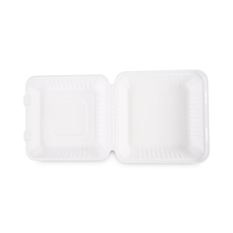 Boardwalk Bagasse Food Containers, Hinged-Lid, 1-Compartment 9 x 9 x 3.19, White,  Sugarcane, 100/Sleeve, 2 Sleeves/Carton