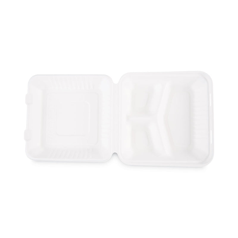 Boardwalk Bagasse Food Containers, Hinged-Lid, 3-Compartment 9 x 9 x 3.19, White, Sugarcane, 100/Sleeve, 2 Sleeves/Carton