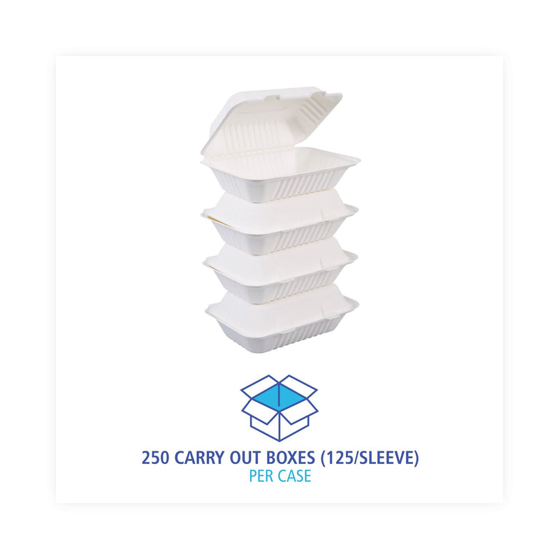 Boardwalk Bagasse Food Containers, Hinged-Lid, 1-Compartment 9 x 6 x 3.19, White, Sugarcane, 125/Sleeve, 2 Sleeves/Carton