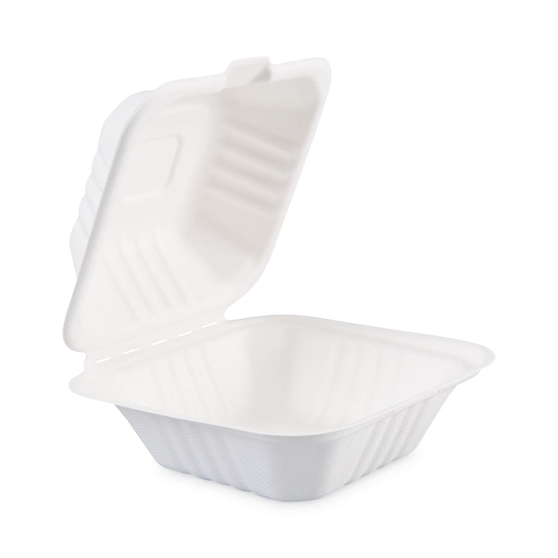 Boardwalk Bagasse Food Containers, Hinged-Lid, 1-Compartment 6 x 6 x 3.19, White, Sugarcane, 125/Sleeve, 4 Sleeves/Carton