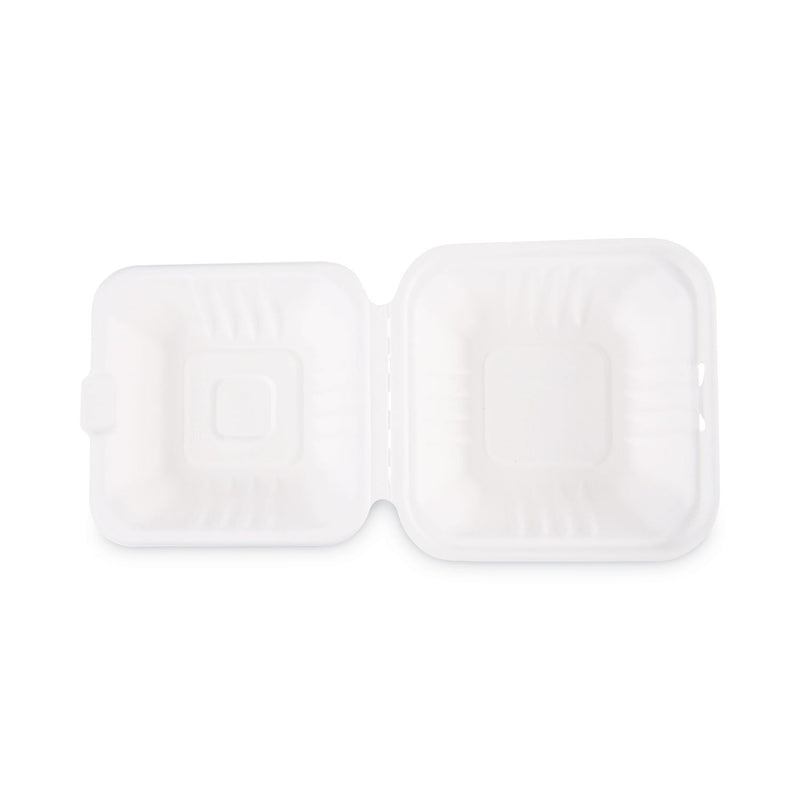 Boardwalk Bagasse Food Containers, Hinged-Lid, 1-Compartment 6 x 6 x 3.19, White, Sugarcane, 125/Sleeve, 4 Sleeves/Carton