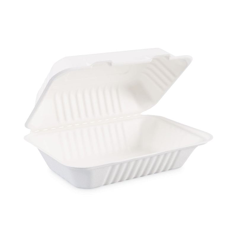 Boardwalk Bagasse Food Containers, Hinged-Lid, 1-Compartment 9 x 6 x 3.19, White, Sugarcane, 125/Sleeve, 2 Sleeves/Carton