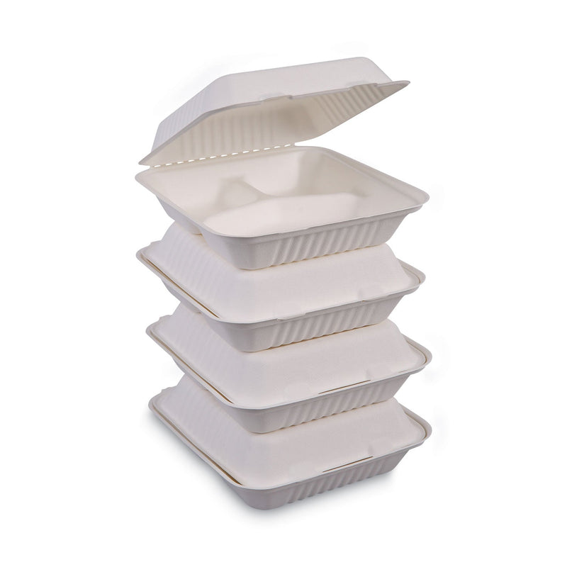 Boardwalk Bagasse Food Containers, Hinged-Lid, 3-Compartment 9 x 9 x 3.19, White, Sugarcane, 100/Sleeve, 2 Sleeves/Carton