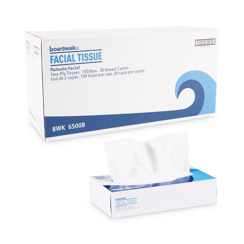 Boardwalk Office Packs Facial Tissue, 2-Ply, White, Flat Box, 100 Sheets/Box, 30 Boxes/Carton