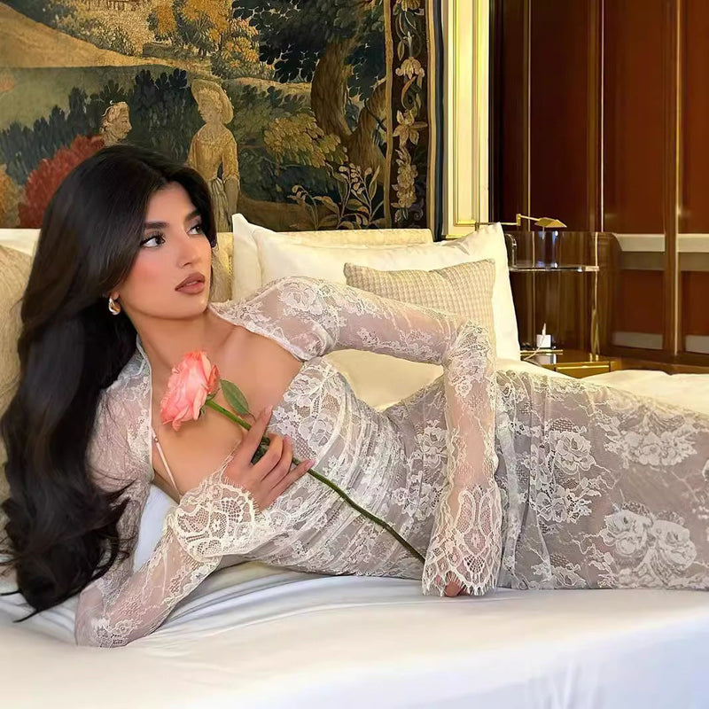 Lace Shawl Two-Piece Mermaid Maxi Dress Set – Long Sleeve