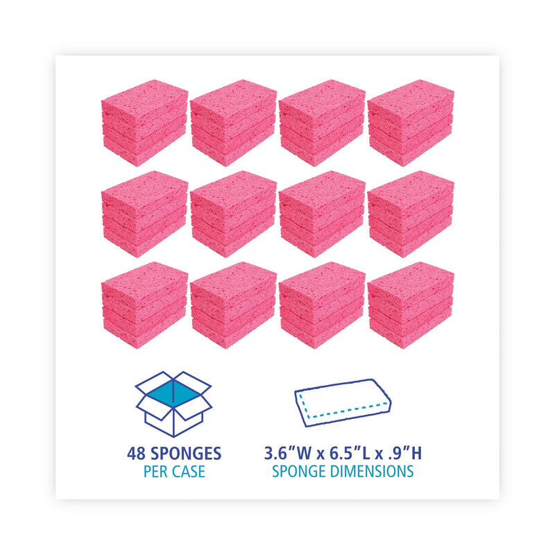 Boardwalk Small Cellulose Sponge, 3.6 x 6.5, 0.9" Thick, Pink, 2/Pack, 24 Packs/Carton