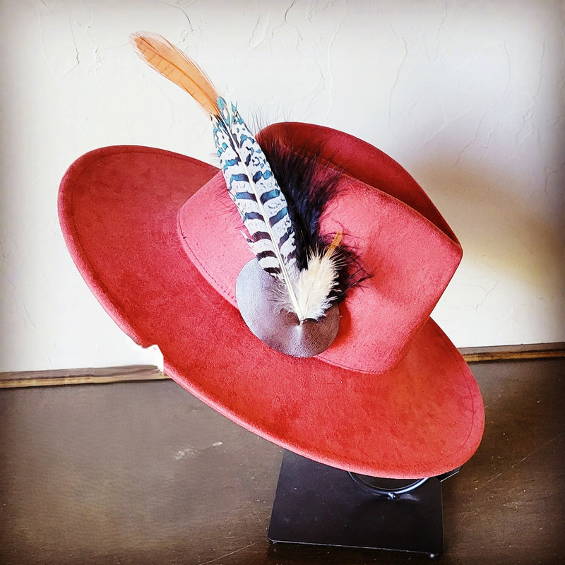 Boho Western Hat w/ Feather Tie Hat Band-Rust 982t