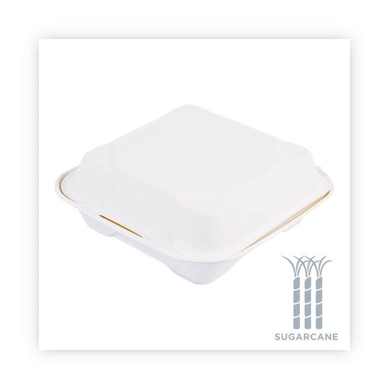 Eco-Products Vanguard Renewable and Compostable Sugarcane Clamshells, 1-Compartment, 8 x 8 x 3, White, 200/Carton